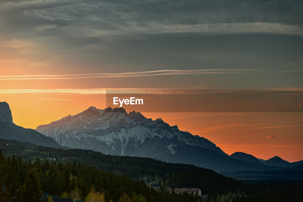 Scenic view of snowcapped mountains against sky during sunset