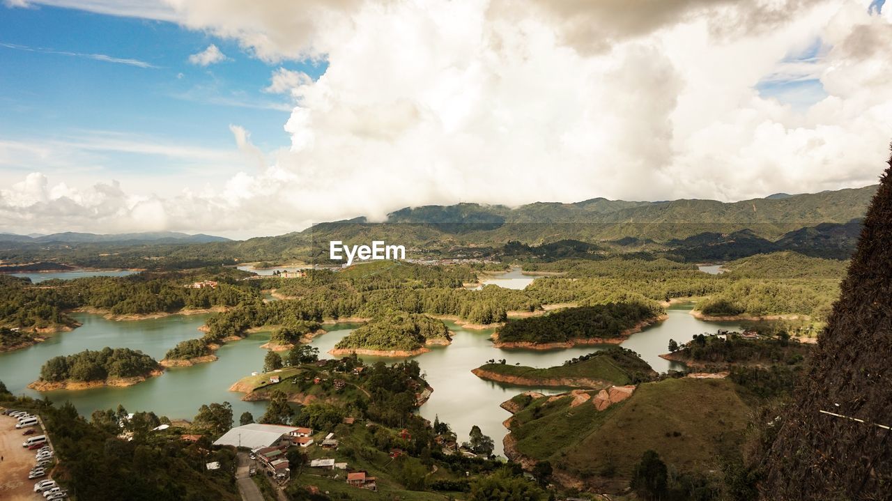 Panoramic view of landscape and lake against sky