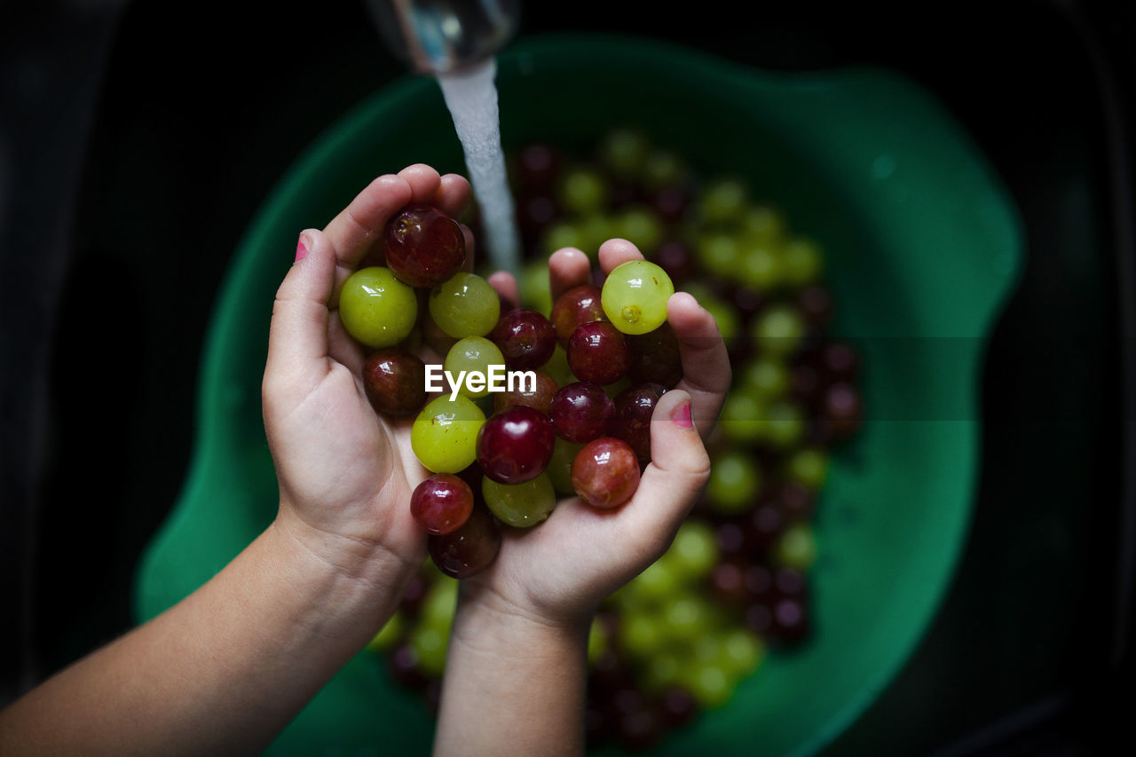 Cropped image of girl washing grapes in sink