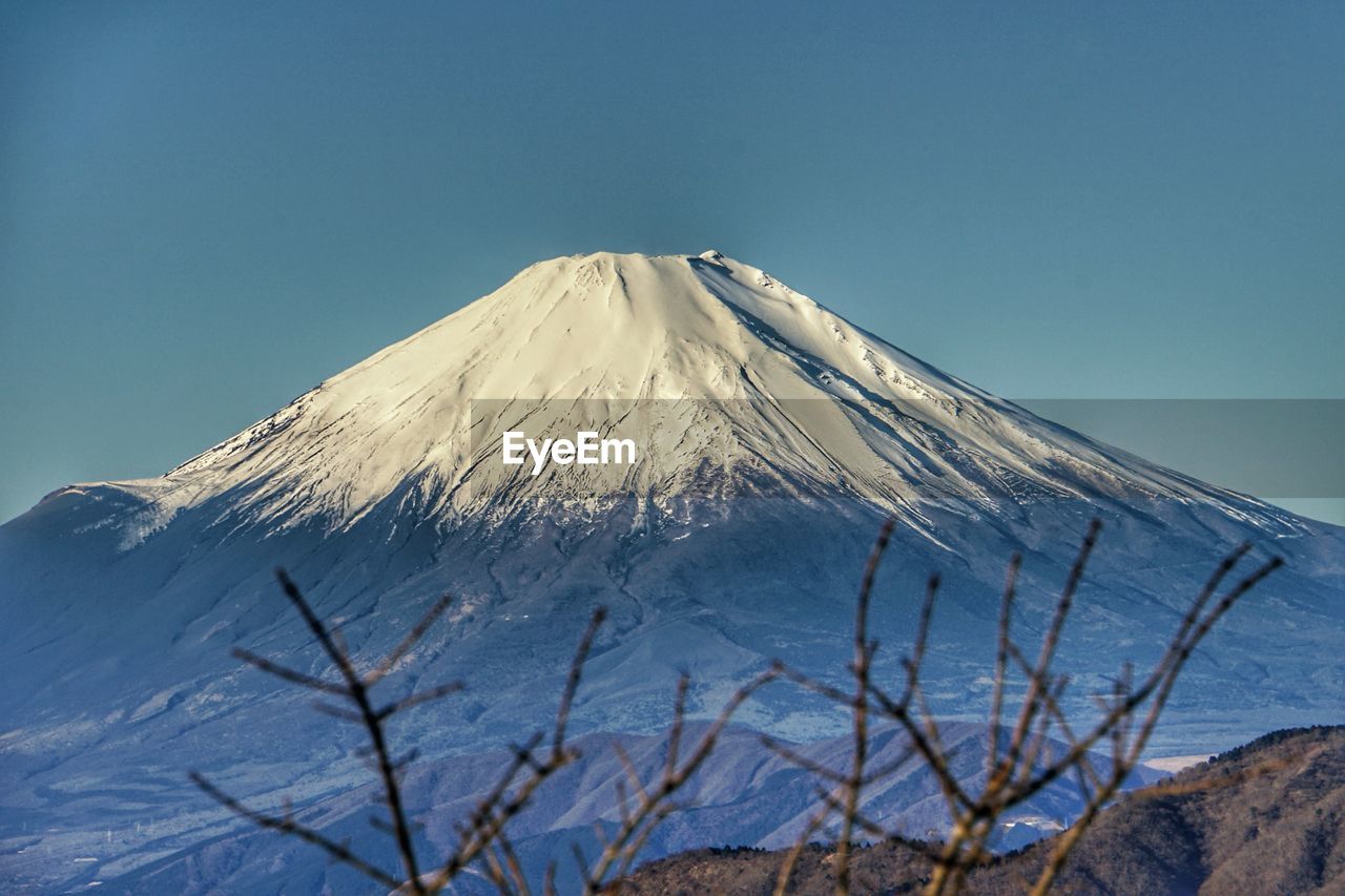 Low angle view of snow covered mountain against sky