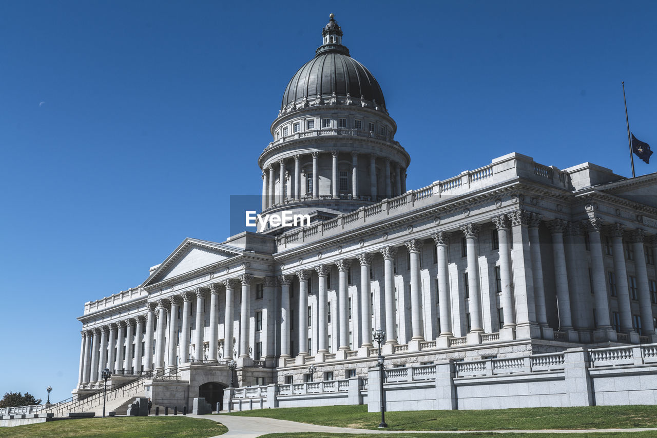 Front of the capitol, government building on a sunny day in the usa.