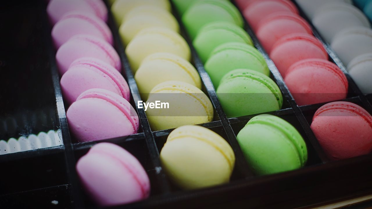 Close-up of macaroons in rows