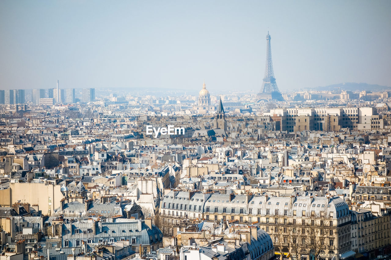 High angle shot of cityscape against clear sky