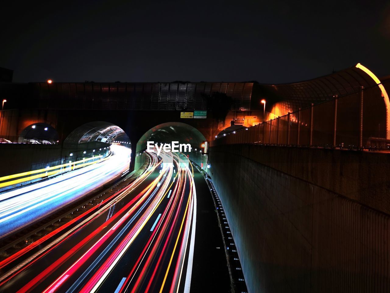 high angle view of light trails on street at night