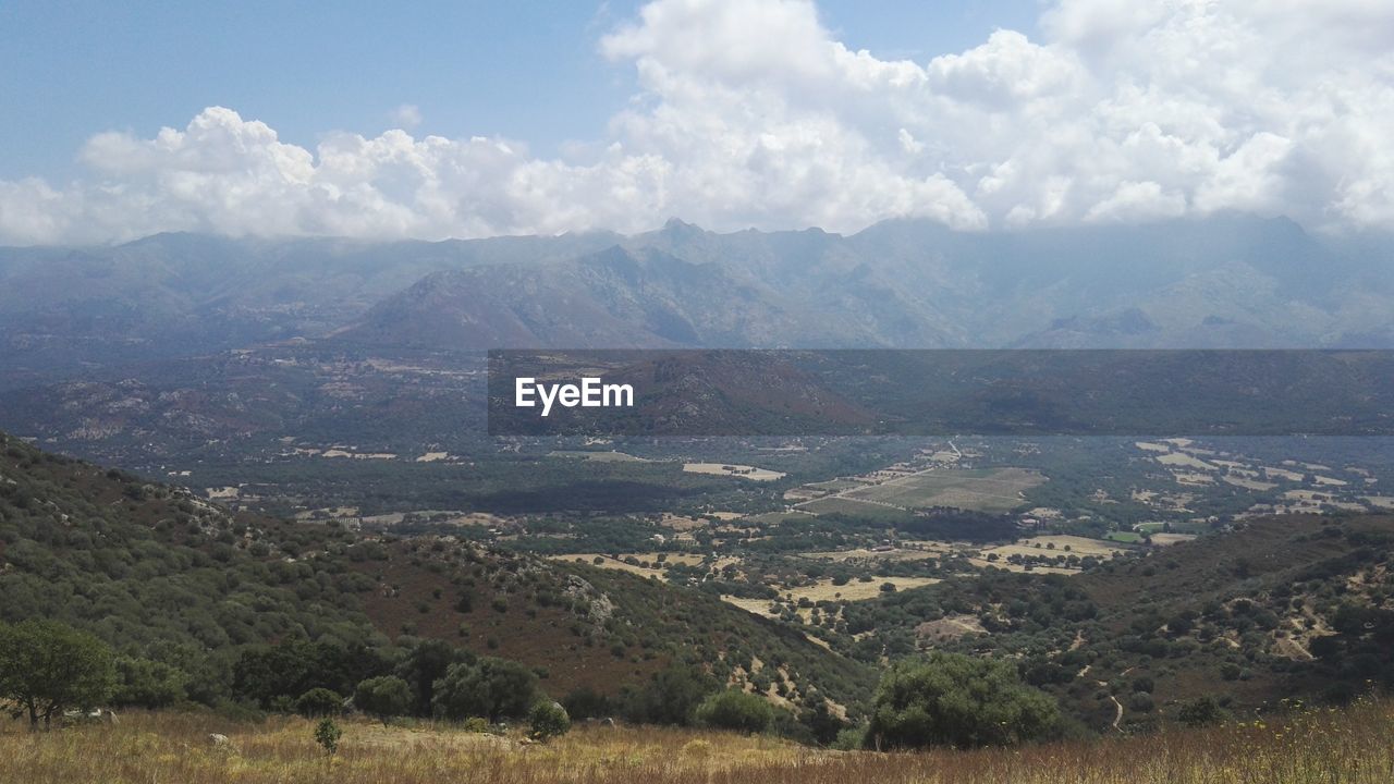 Aerial view of landscape and mountains against sky