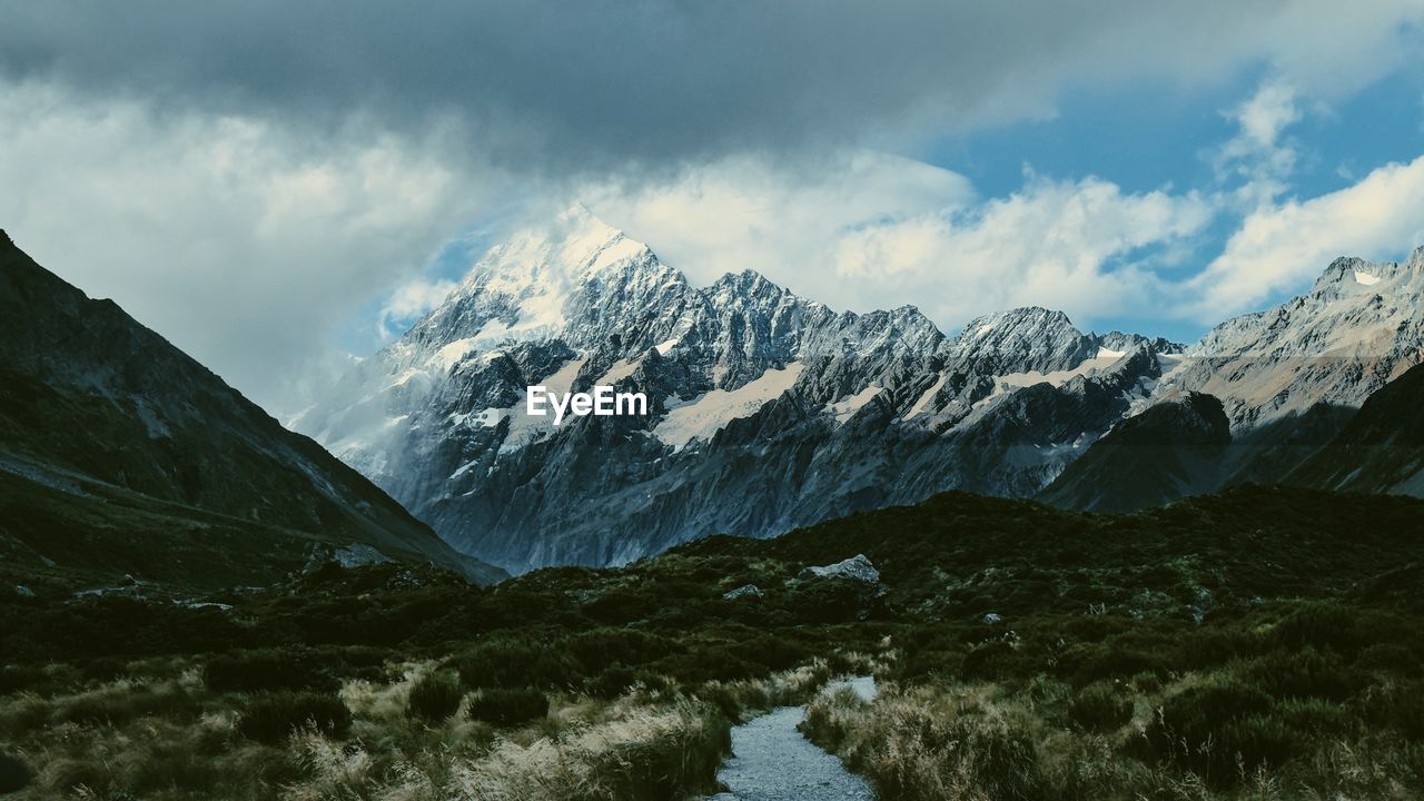 Scenic view of snowcapped mountains against sky