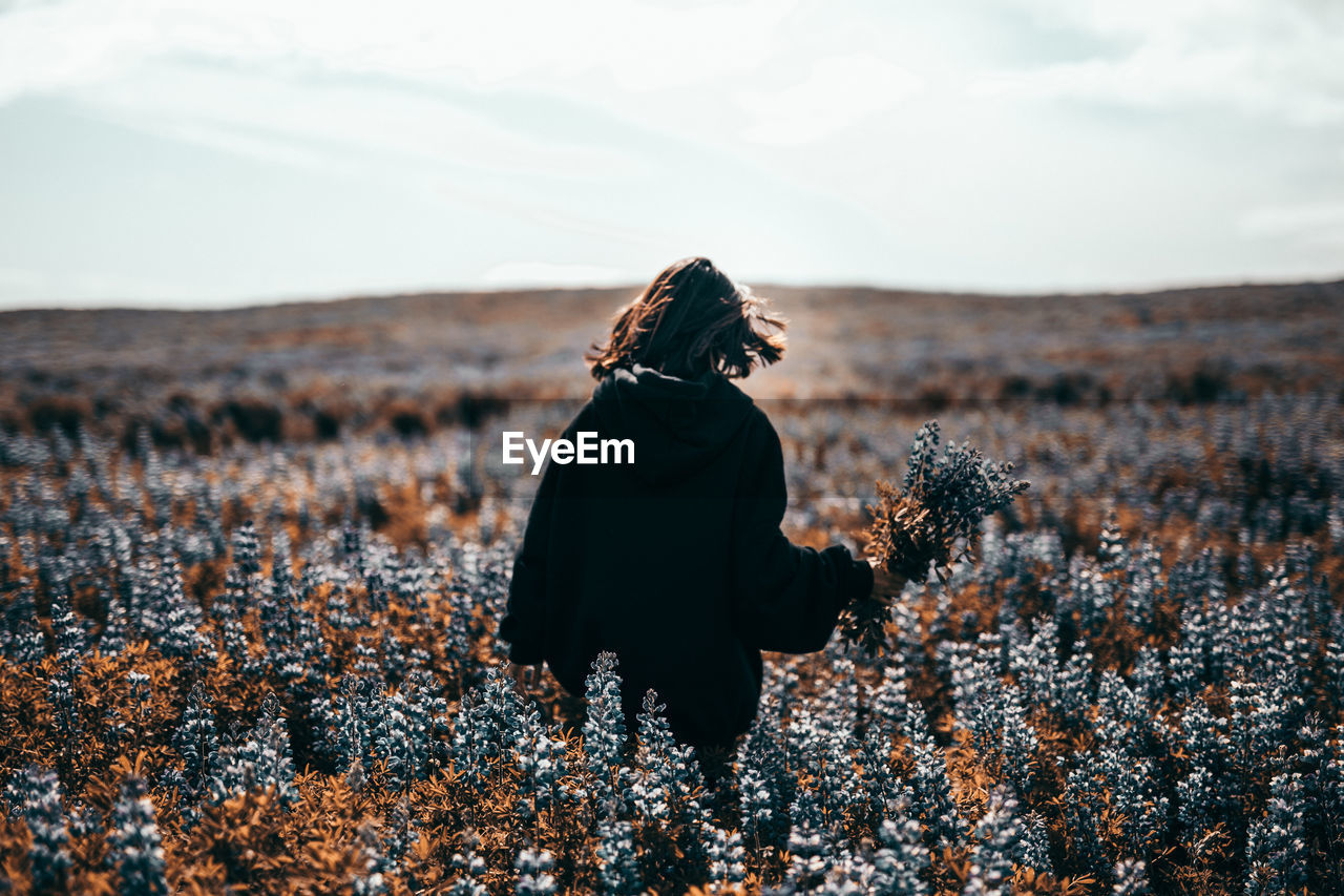 Rear view of woman standing amidst flowers on field