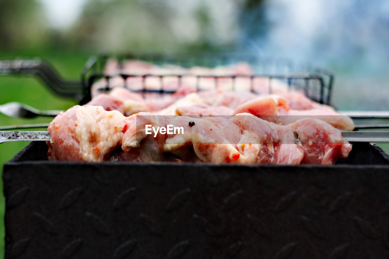 Close-up of meat on barbecue grill