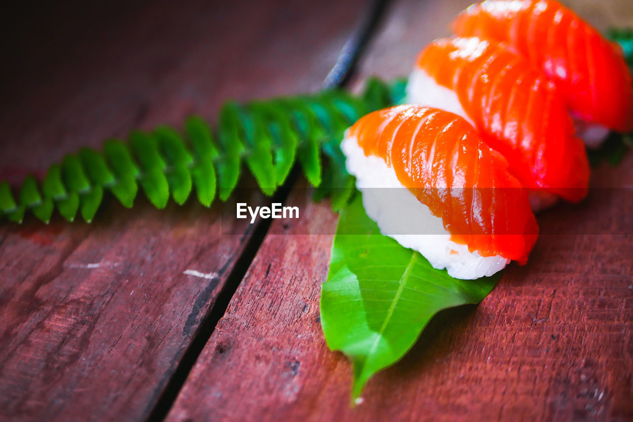 CLOSE-UP OF ORANGE FISH ON LEAVES