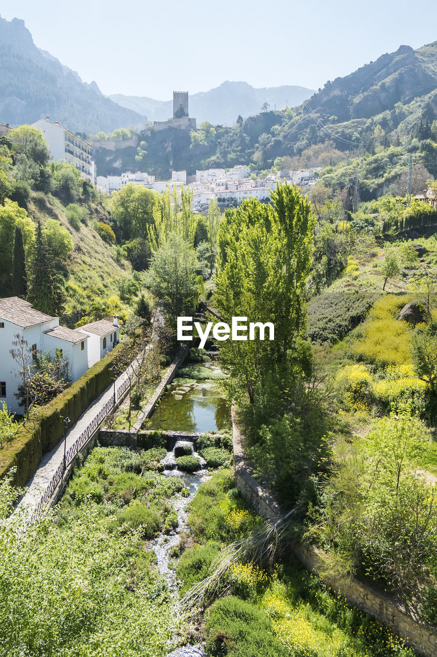 plant, tree, nature, mountain, environment, scenics - nature, landscape, beauty in nature, land, valley, architecture, mountain range, sky, green, no people, day, built structure, travel, high angle view, flower, tranquility, water, outdoors, travel destinations, river, growth, building, tranquil scene, sunlight, non-urban scene, building exterior, pinaceae, clear sky, coniferous tree, forest, sunny, tourism, pine tree