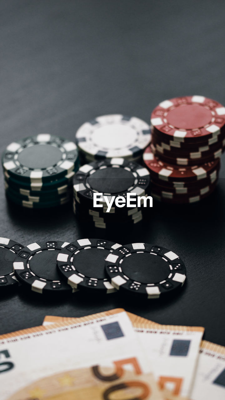 high angle view of coins on table