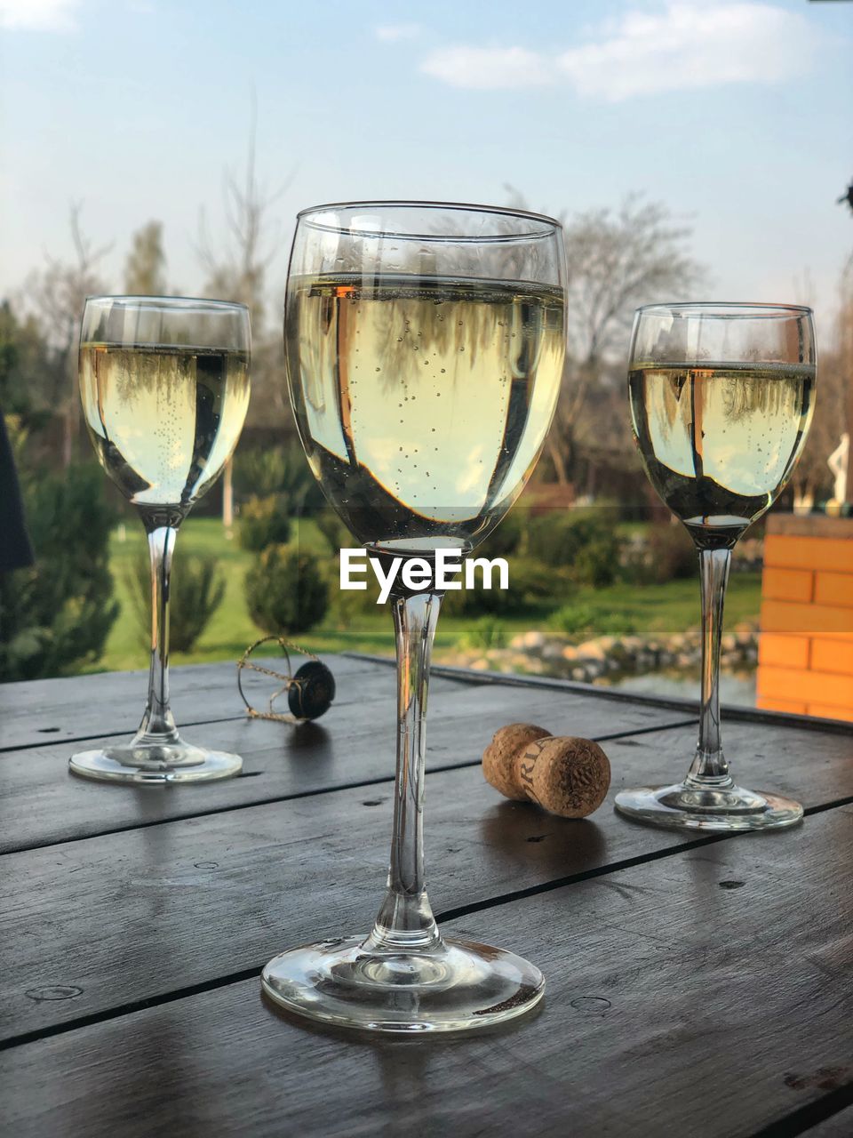 WINE GLASSES ON TABLE AGAINST GLASS