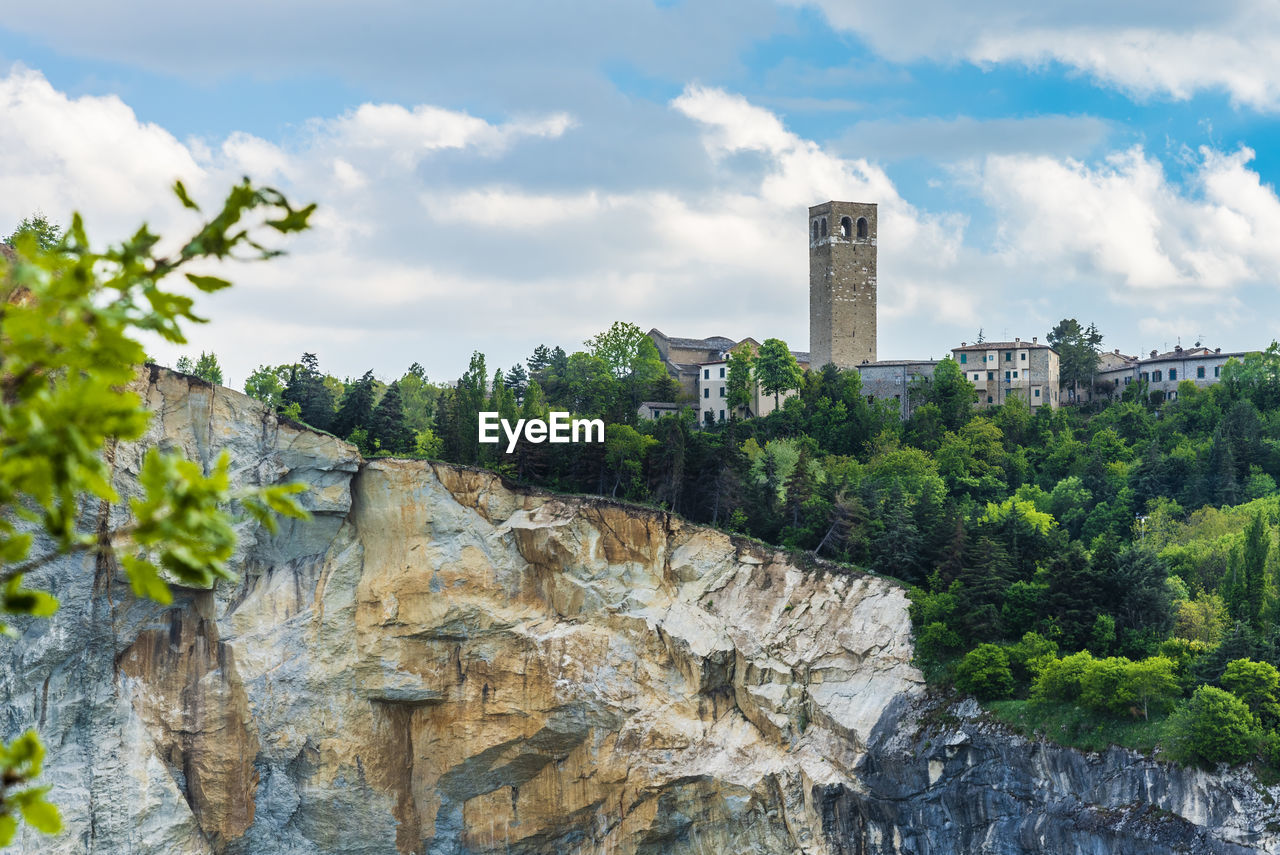 TREES AND PLANTS GROWING ON ROCKS AGAINST SKY