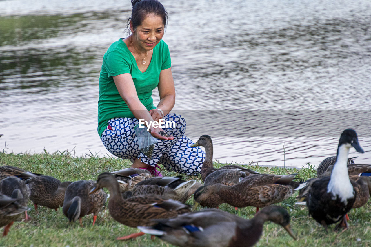 Senior woman feeding birds against lake