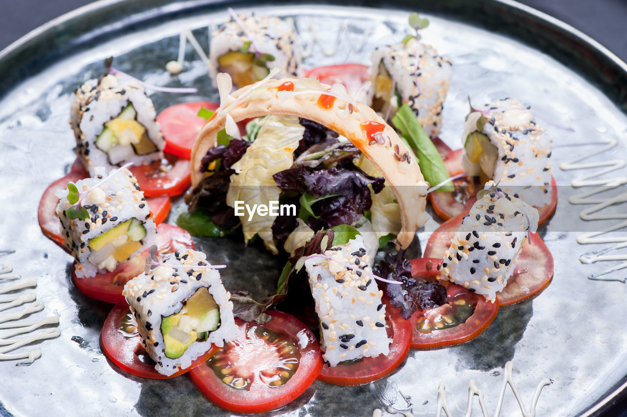 High angle view of nigiri sushi in plate