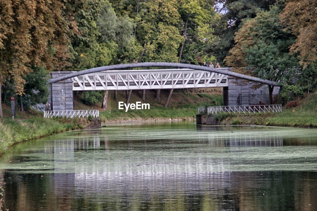 VIEW OF BRIDGE OVER LAKE AGAINST TREES