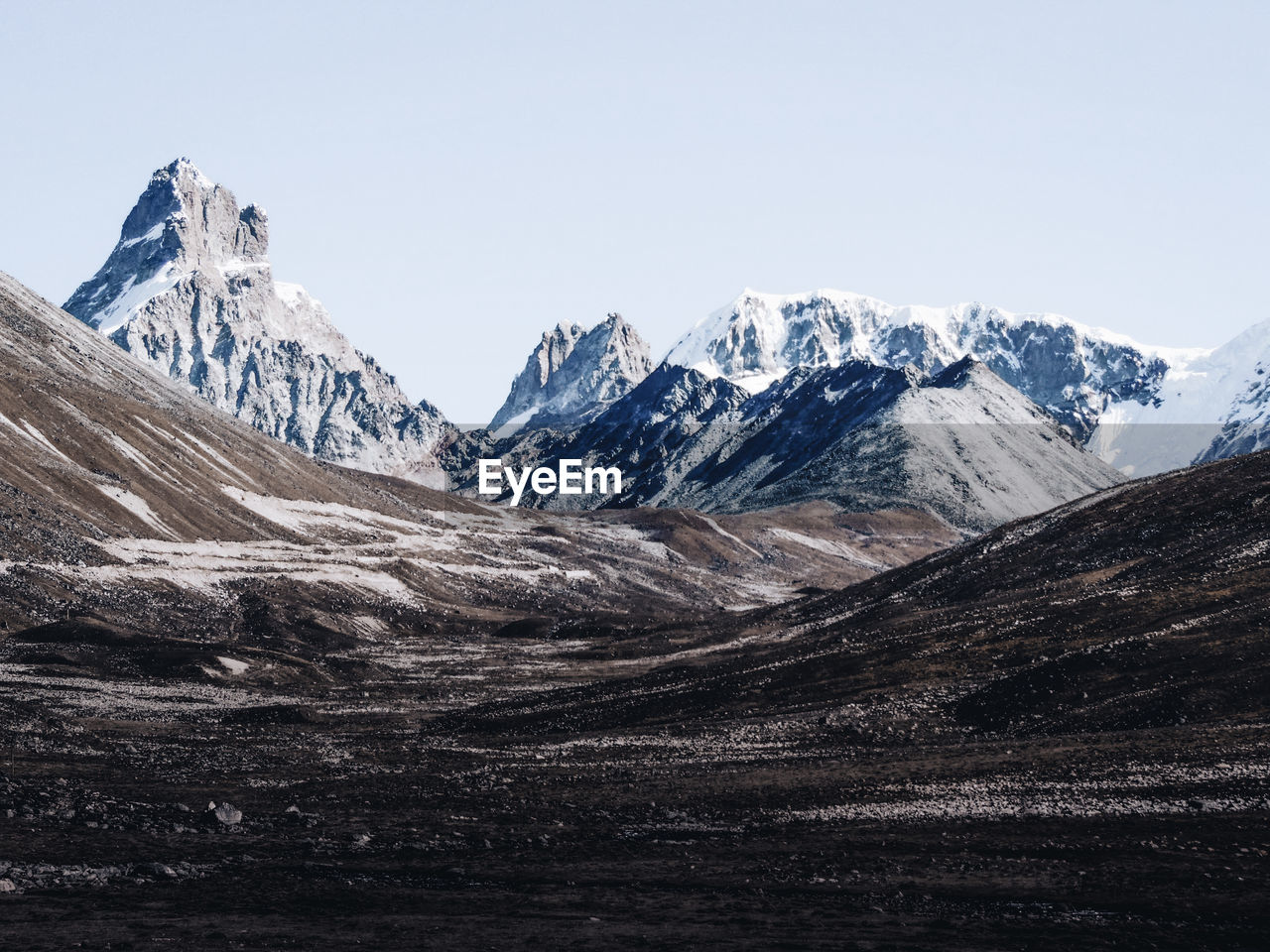 Scenic view of snowcapped mountains against clear sky