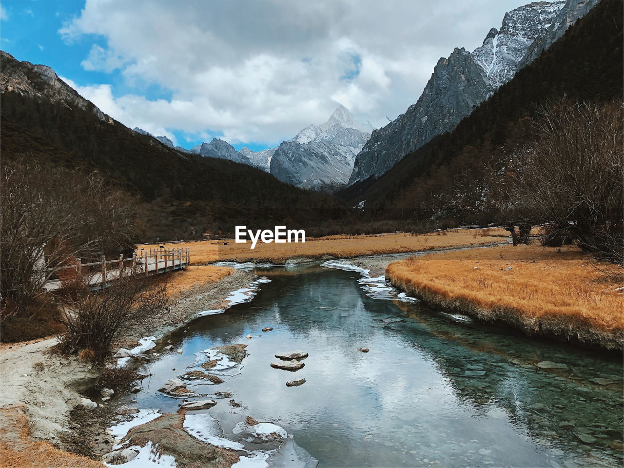 Scenic view of snowcapped mountains against sky during winter