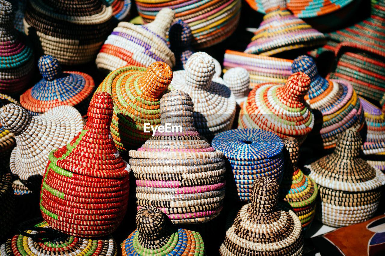 High angle view of various crochet containers for sale