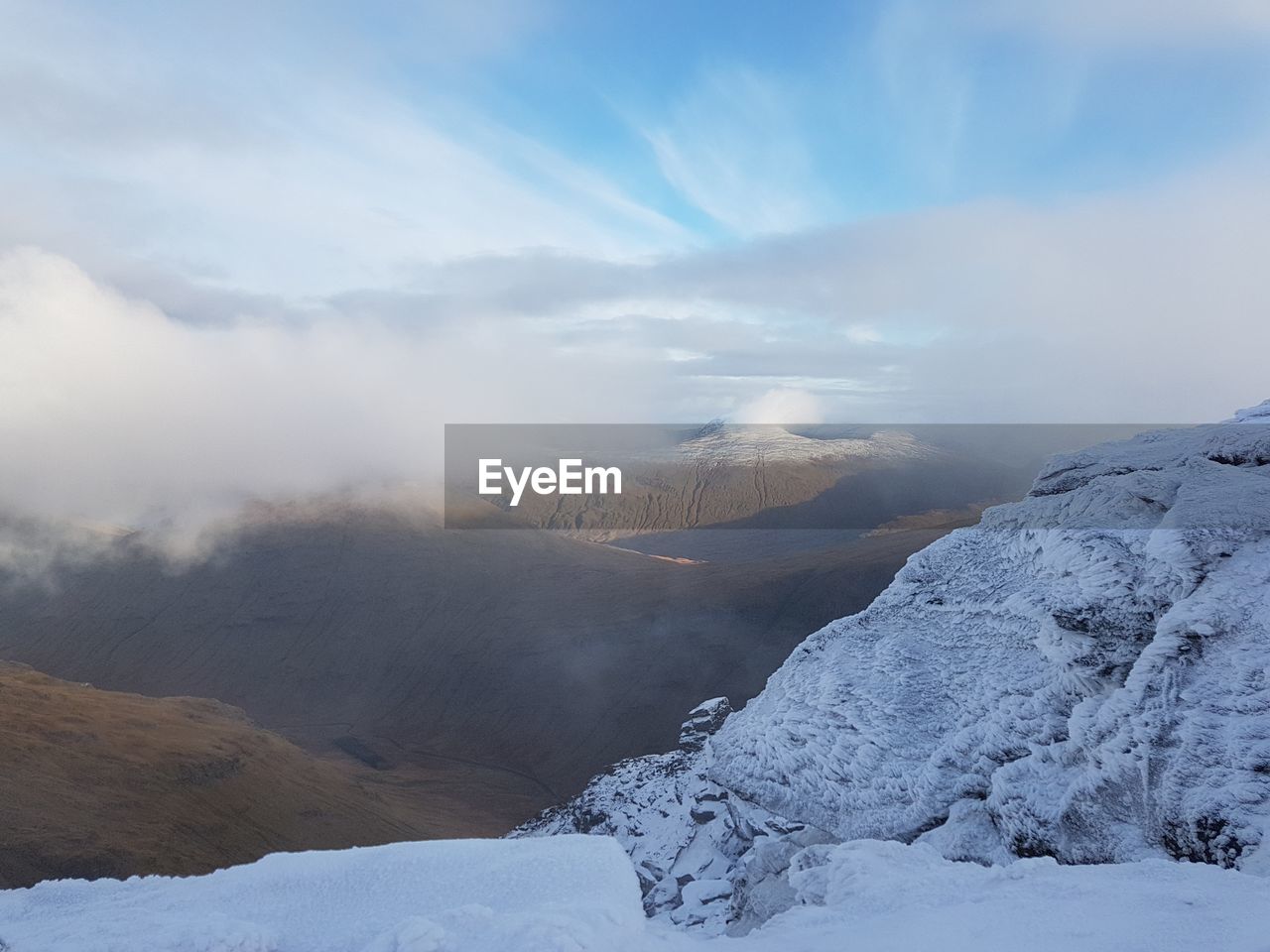 Scenic view of snow covered mountains against sky