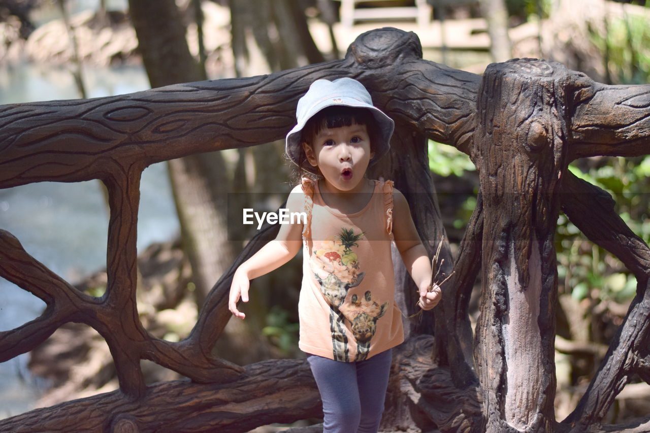 Portrait of surprise girl standing against wooden railing