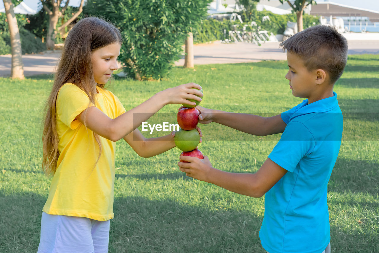 Teenage children play with apples in the park.