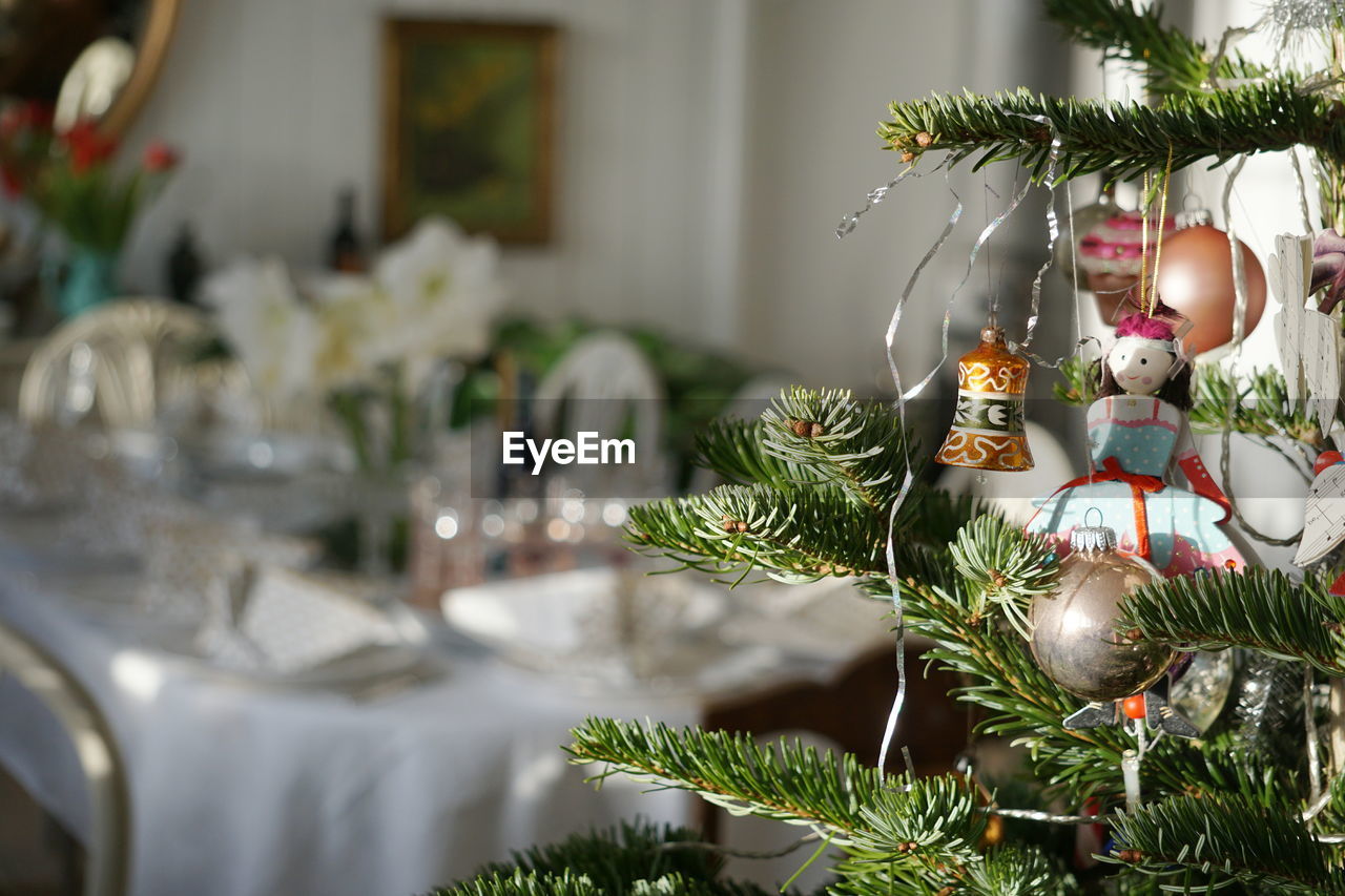 Close-up of christmas tree at home