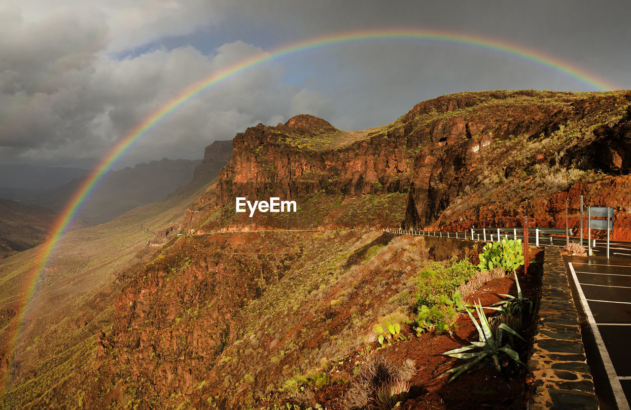 Scenic view of rainbow over mountains against cloudy sky