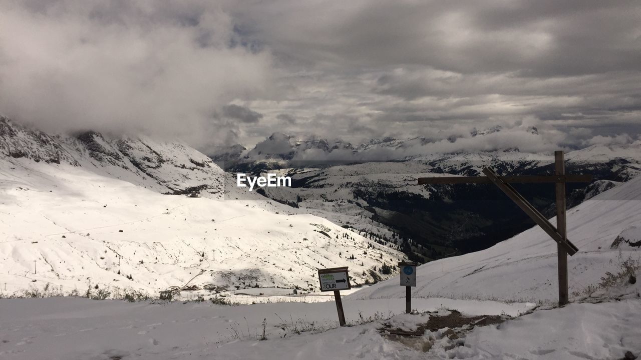 Scenic view of snow covered mountains against sky