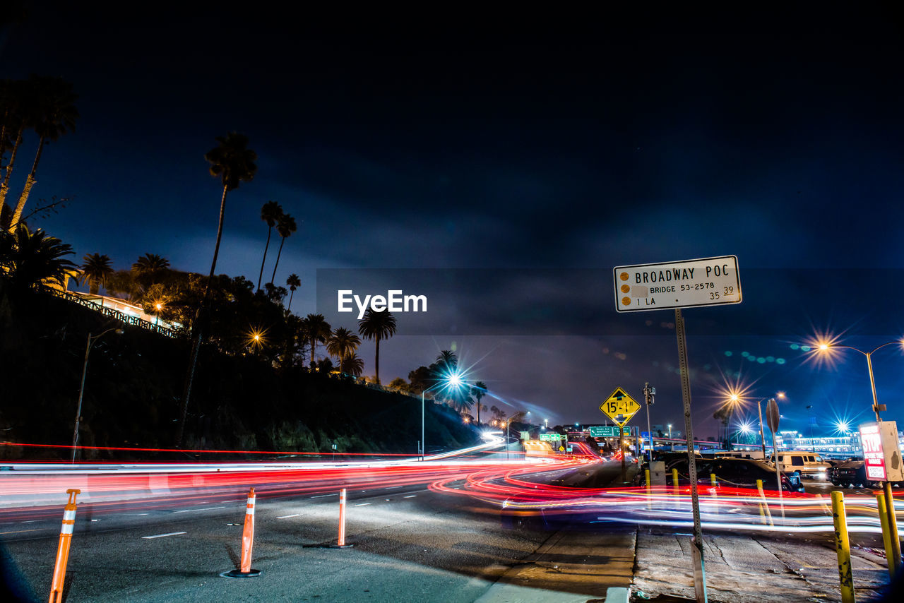 Light trails on road at night