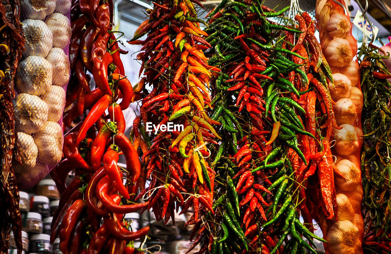 Low angle view of spices hanging at market stall