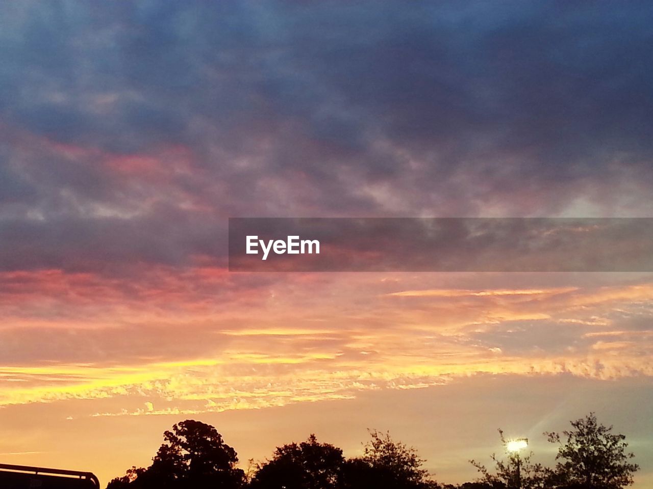 Low angle view of silhouette trees against cloudy sky at sunset