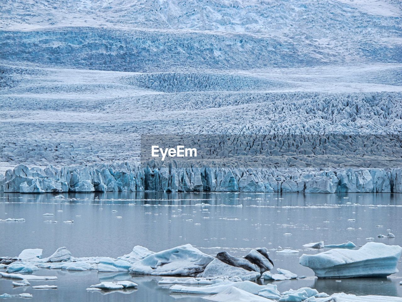 Scenic view of glacier in front of a lake