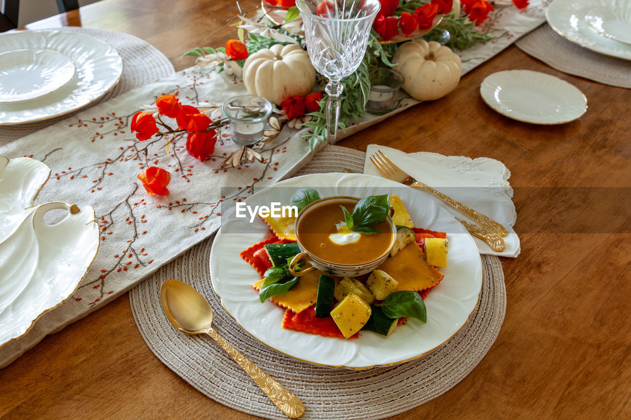 high angle view of food in plate on table