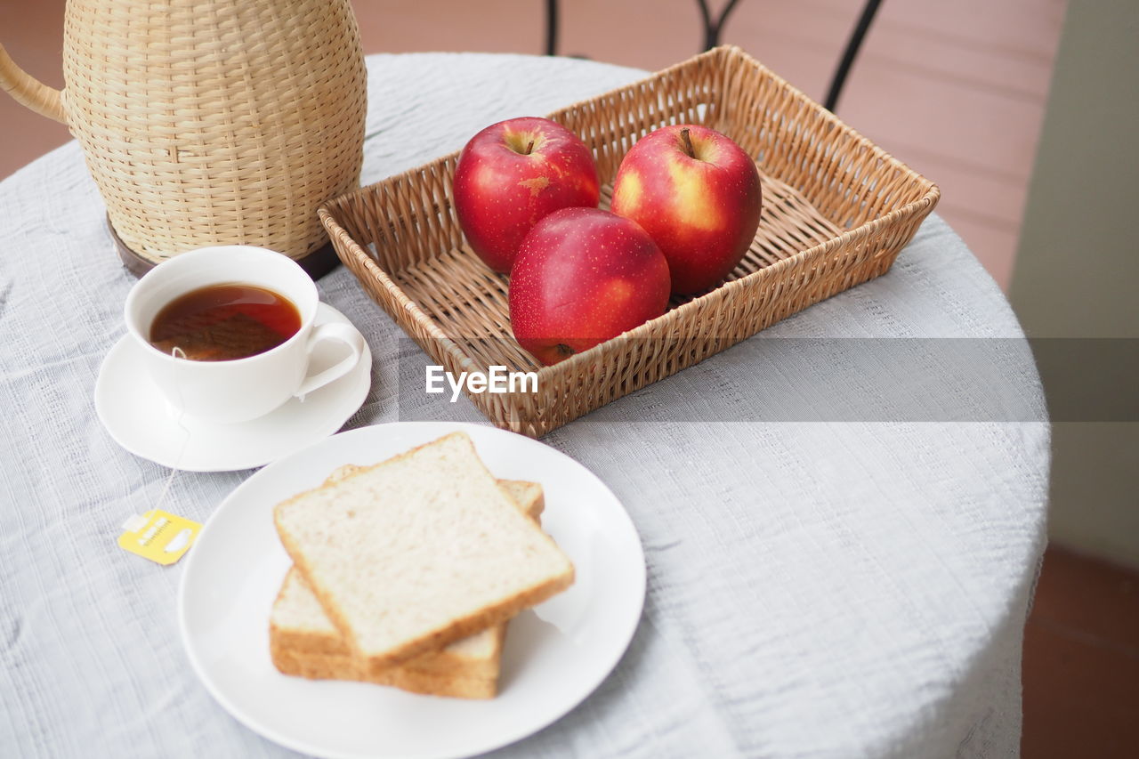 HIGH ANGLE VIEW OF BREAKFAST IN PLATE ON TABLE