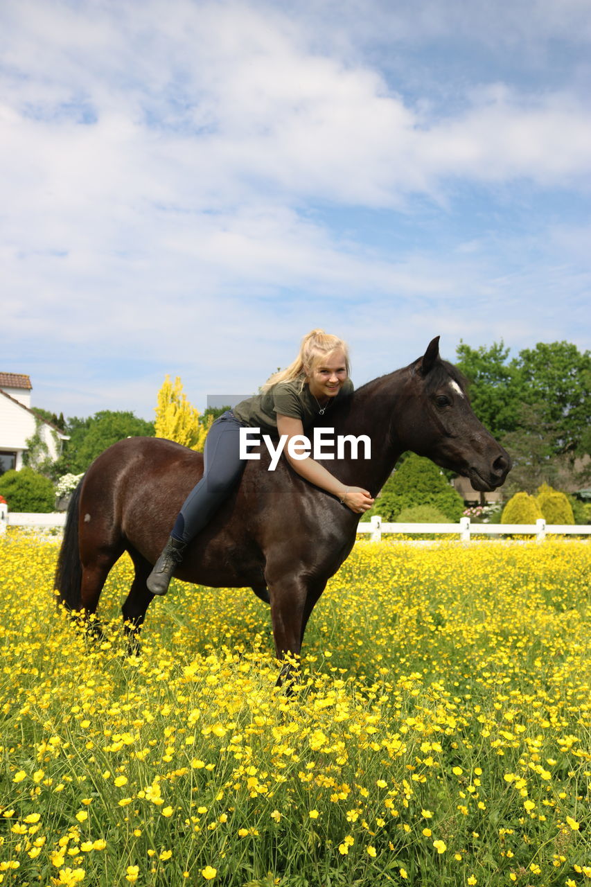 Man riding horse on yellow flowering field