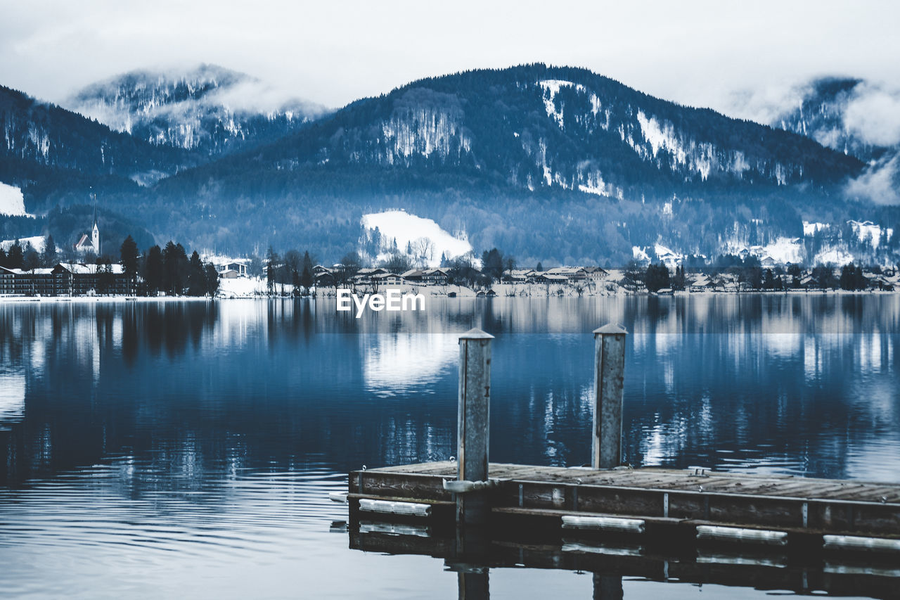 SCENIC VIEW OF LAKE AGAINST SNOWCAPPED MOUNTAINS