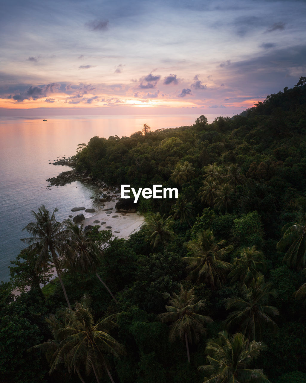 Aerial view of beautiful sunset over secluded, tropical island, koh lipe, thailand