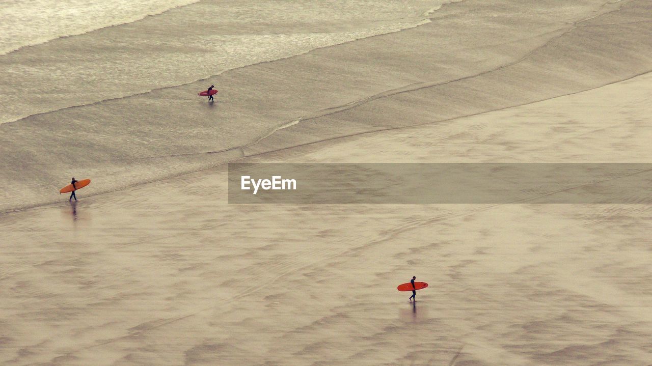 High angle view of people with surfboard walking on shore at beach