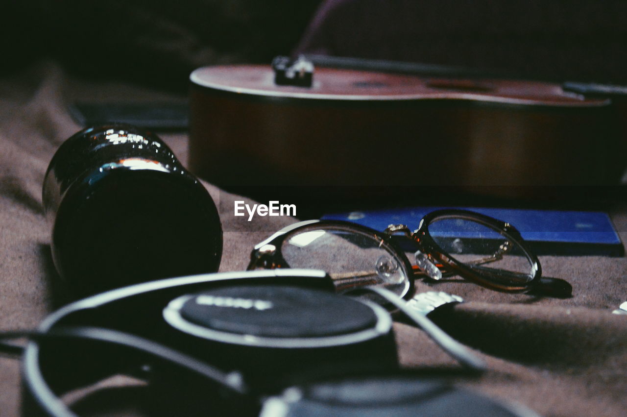 Close-up of various objects on table