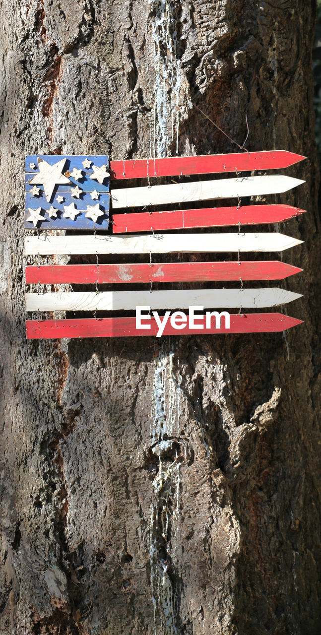 Usa wooden flag posted on a tree outdoors.