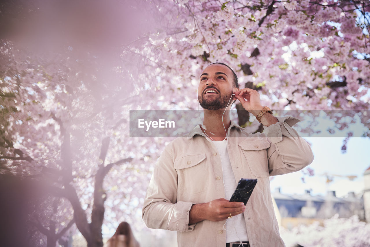 Young man standing under cherry blossom and using phone