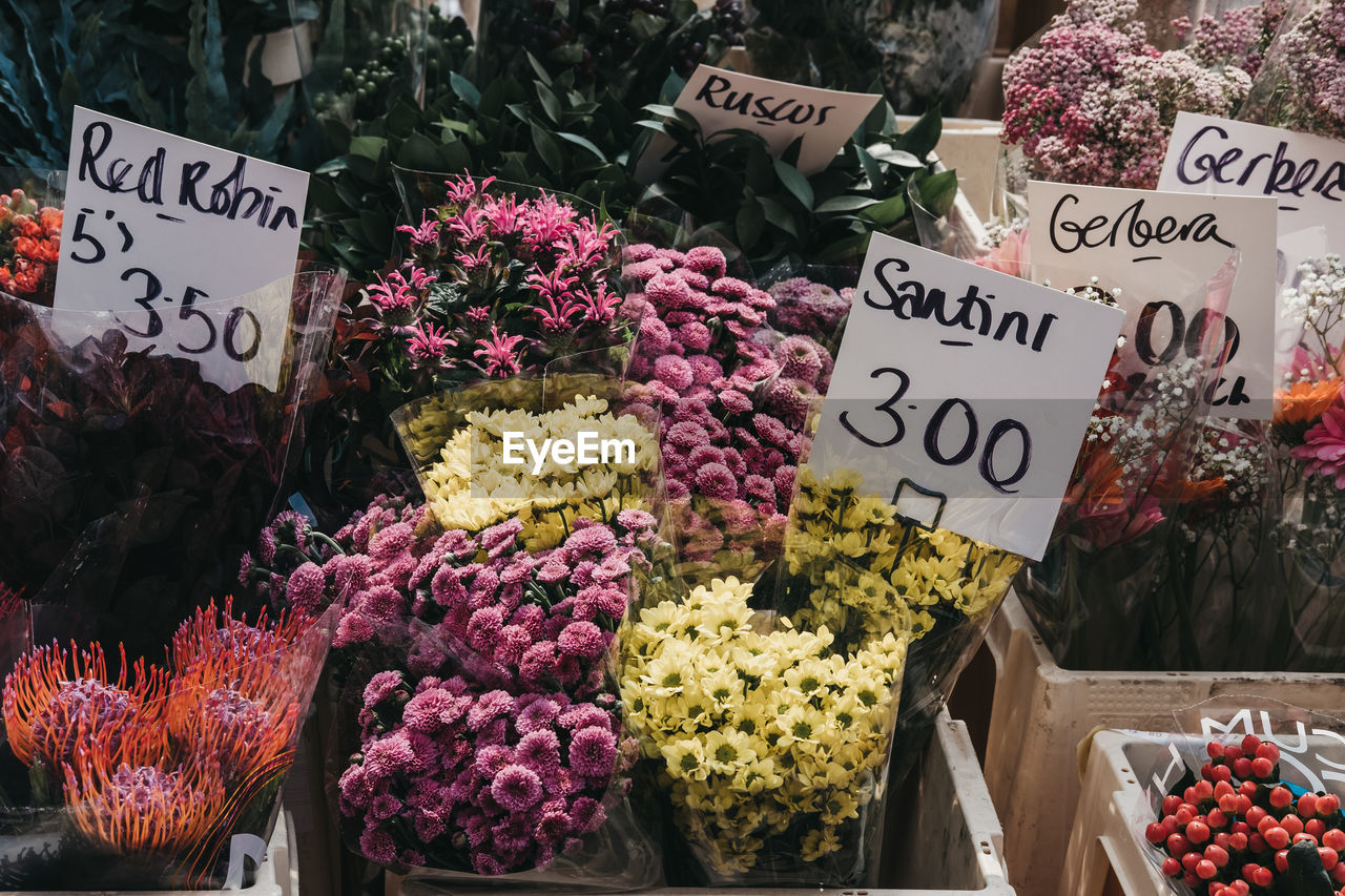 High angle view of colorful flowers for sale at market
