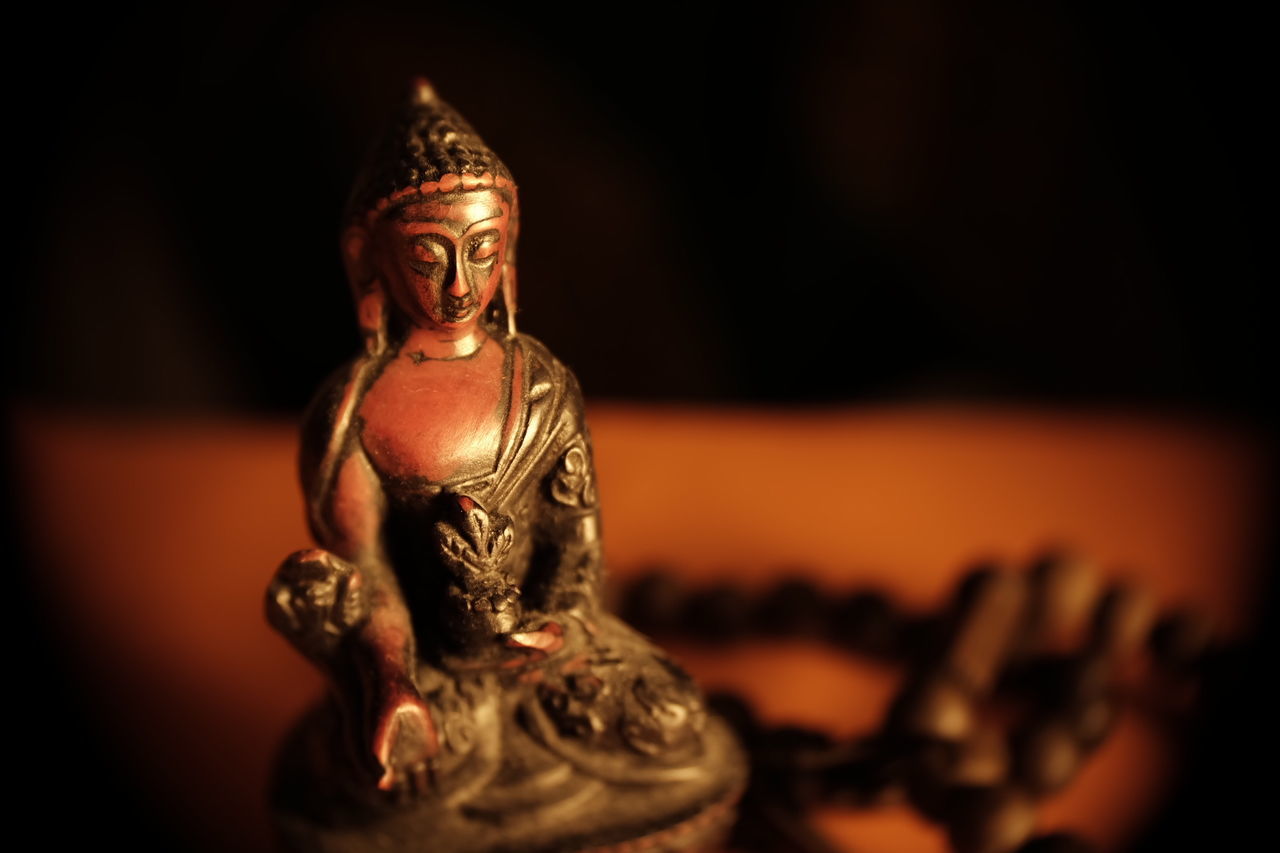 Close-up of buddha statue in darkroom