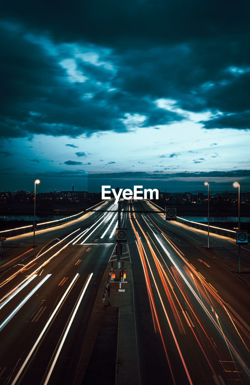 High angle view of light trails on highway