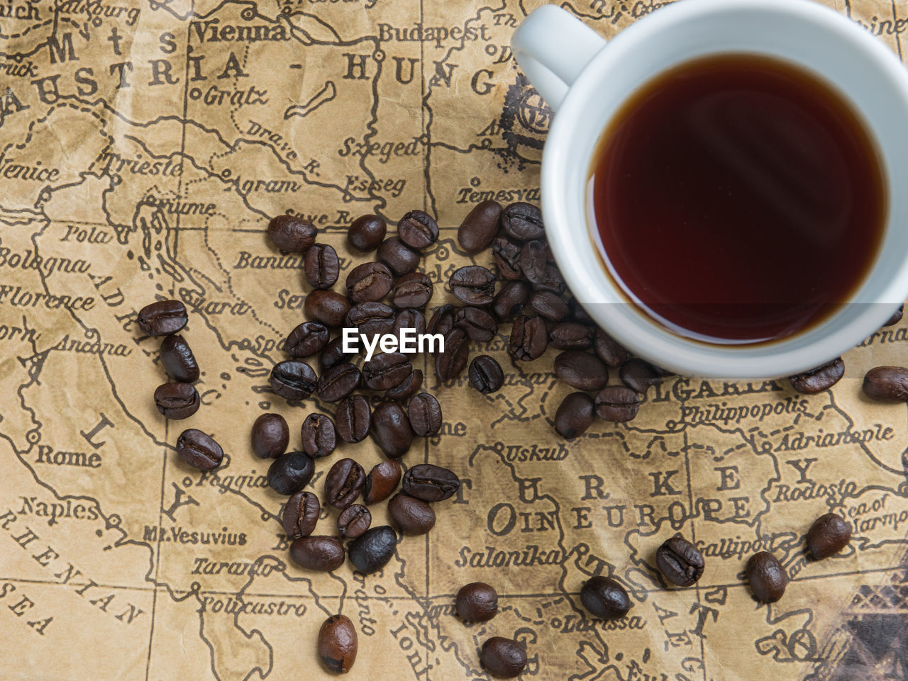 High angle view of coffee cup on table