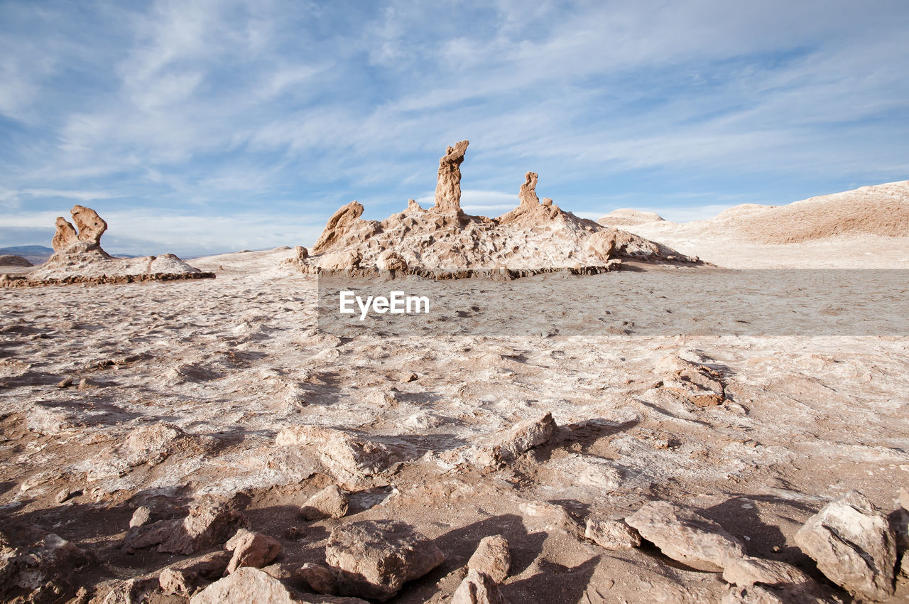 Panoramic view of rocks on landscape against sky