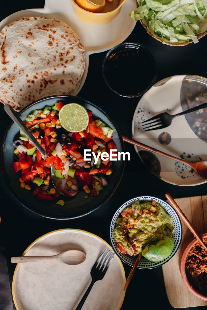 High angle view of breakfast served on table