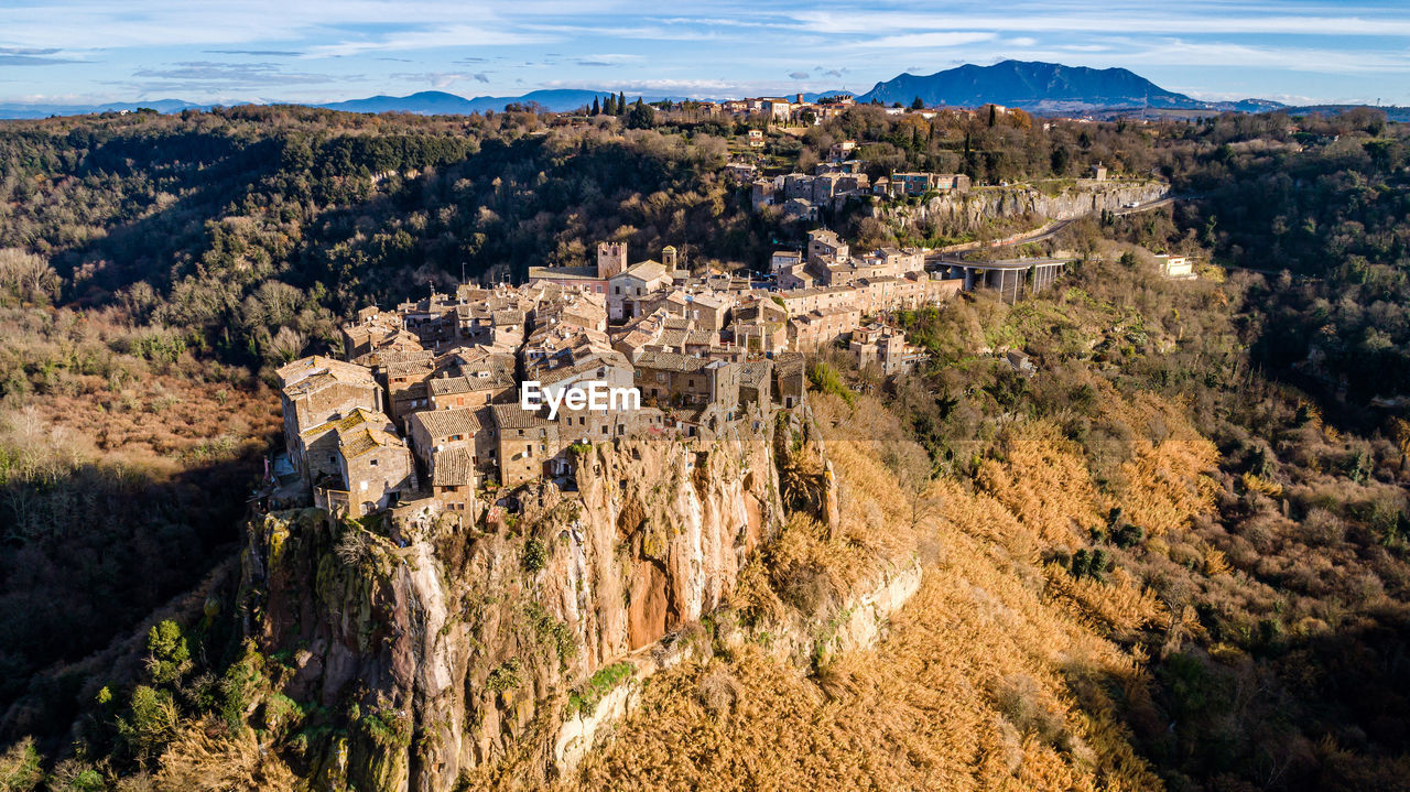 Postcard from italy.aerial view of the medieval village of calcata and the valley of the treja river