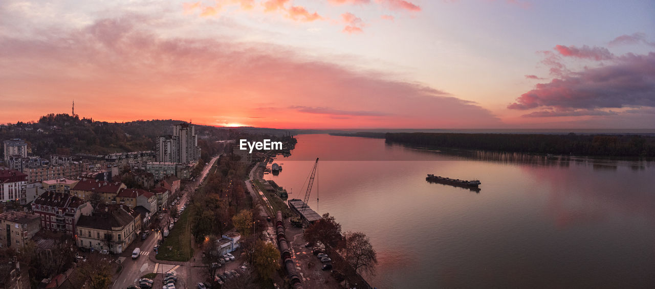Aerial view of the danube river during sunset in the town of smederevo, serbia